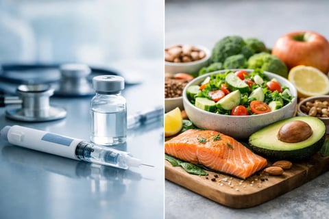 Split image: left shows medical syringe and stethoscope; right displays healthy foods including salmon, avocado, vegetables, nuts, and salad