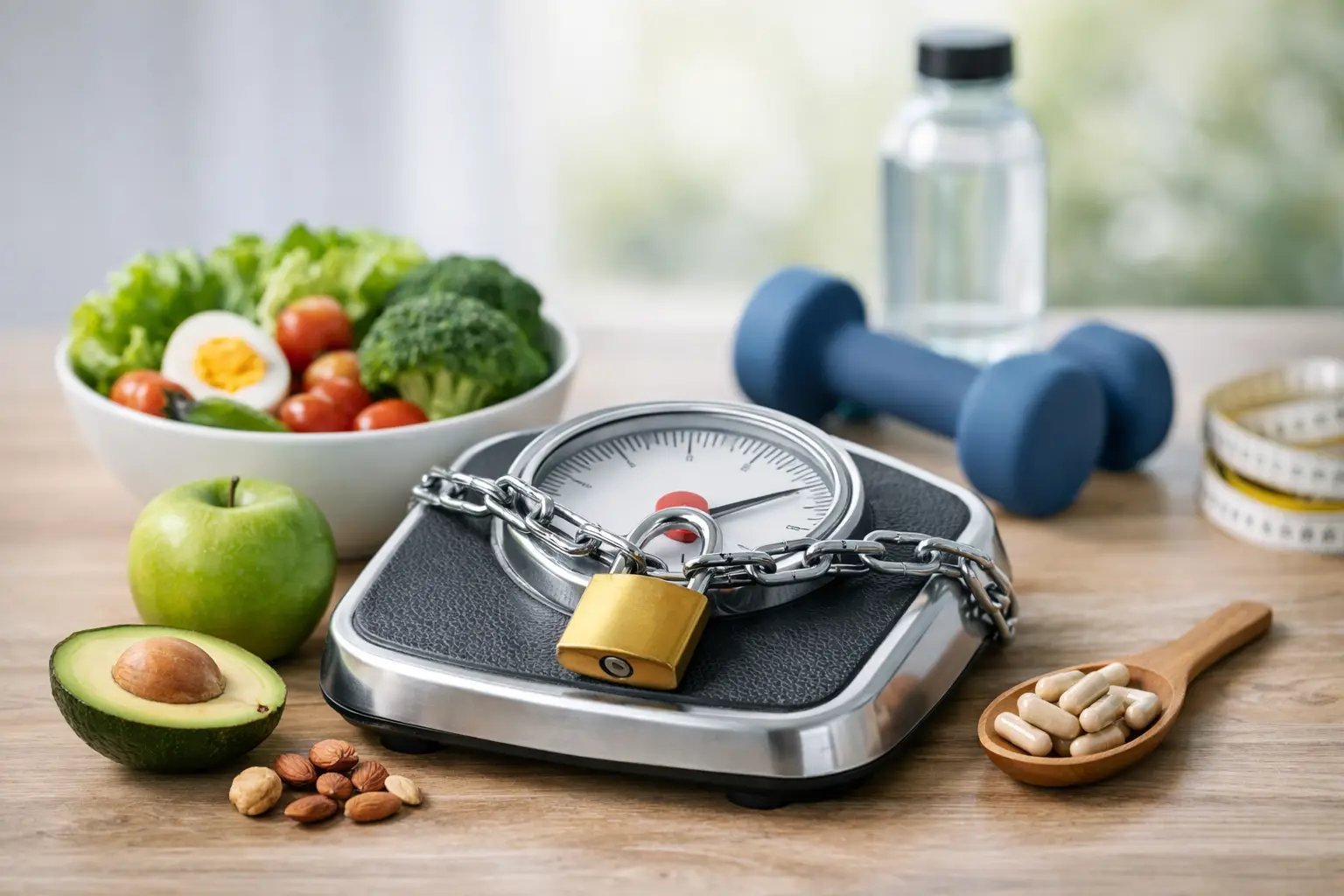 Scale with padlock surrounded by healthy foods, dumbbells, water bottle, and measuring tape on wooden table