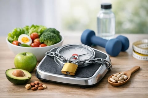 Scale with padlock surrounded by healthy foods, dumbbells, water bottle, and measuring tape on wooden table