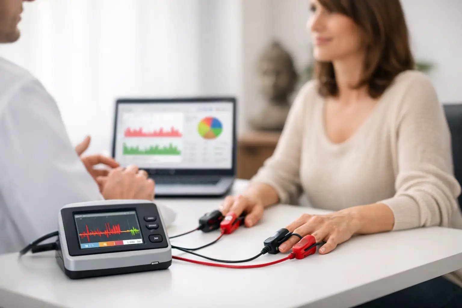 Two professionals reviewing data analytics on a laptop and digital meter with charts and graphs during a business meeting