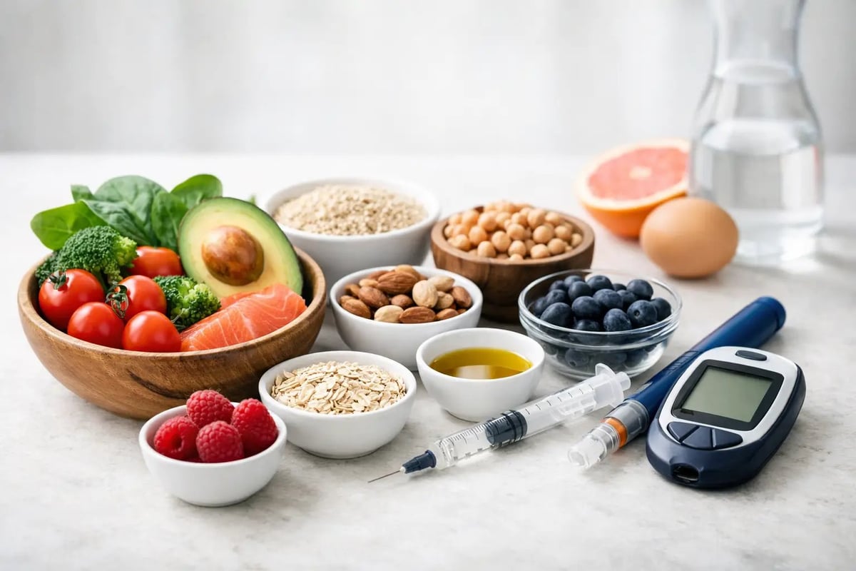 Healthy foods and diabetes management supplies arranged on a white marble surface, including fresh vegetables, fruits, grains, nuts, and a glucose meter