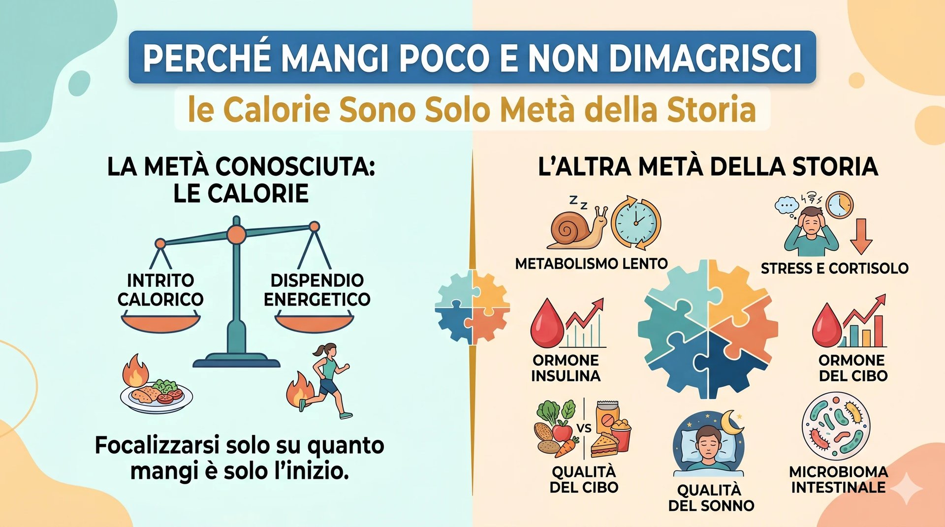 Infographic comparing calorie intake with weight management goals, showing known vs other health factors in Italian