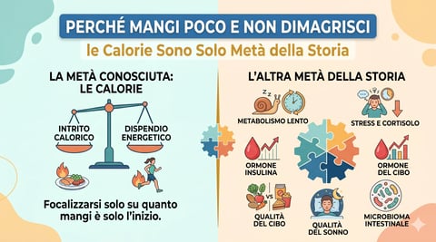 Infographic comparing calorie intake with weight management goals, showing known vs other health factors in Italian
