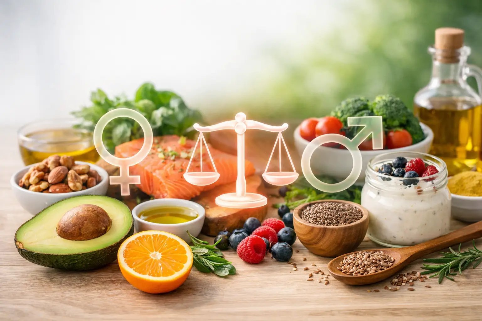 Balance scale surrounded by healthy foods including salmon, avocado, berries, nuts, seeds, olive oil, and fresh vegetables on a wooden table