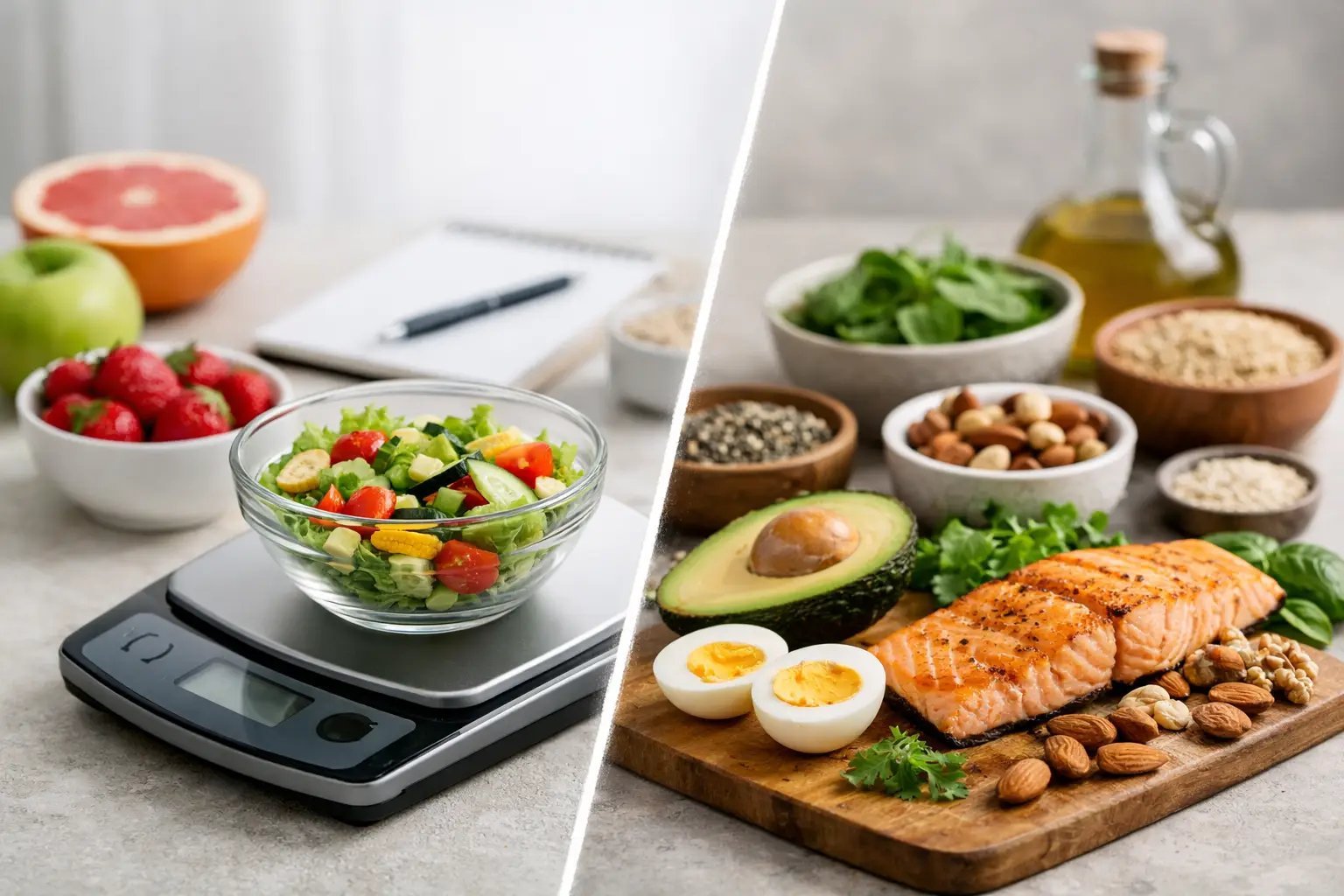 Split image showing healthy food preparation on left with salad on scale and fresh fruits, and balanced meal ingredients on right including salmon, eggs, avocado, and nuts