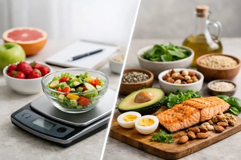 Split image showing healthy food preparation on left with salad on scale and fresh fruits, and balanced meal ingredients on right including salmon, eggs, avocado, and nuts