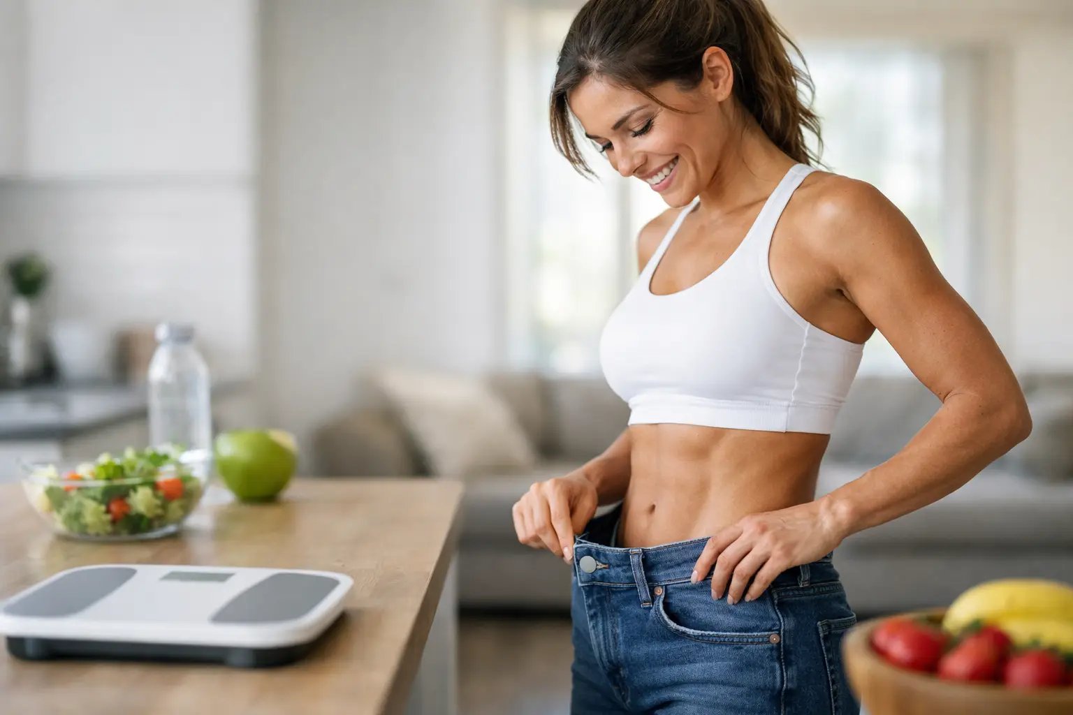 Woman in white sports bra checking fit of jeans, with scale and healthy food visible on table