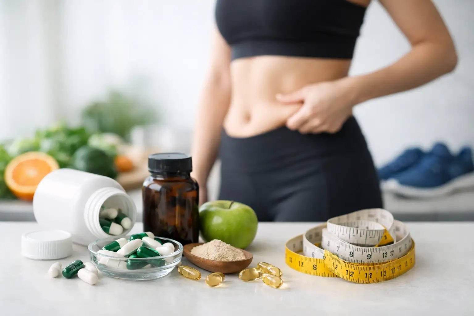 Woman in fitness attire holding stomach with vitamins, supplements, measuring tape, and healthy food items on table