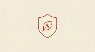 Rust colored outline of a shield with a leaf and checkmark icon on beige background