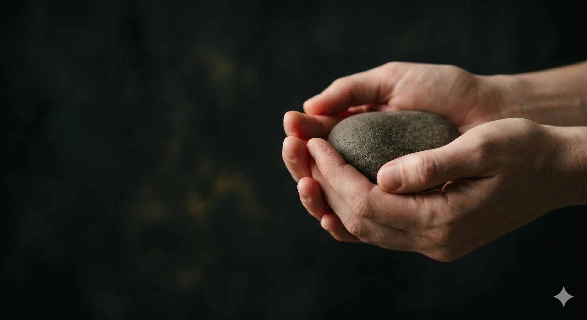 Two hands holding a smooth gray stone against a dark blurred background