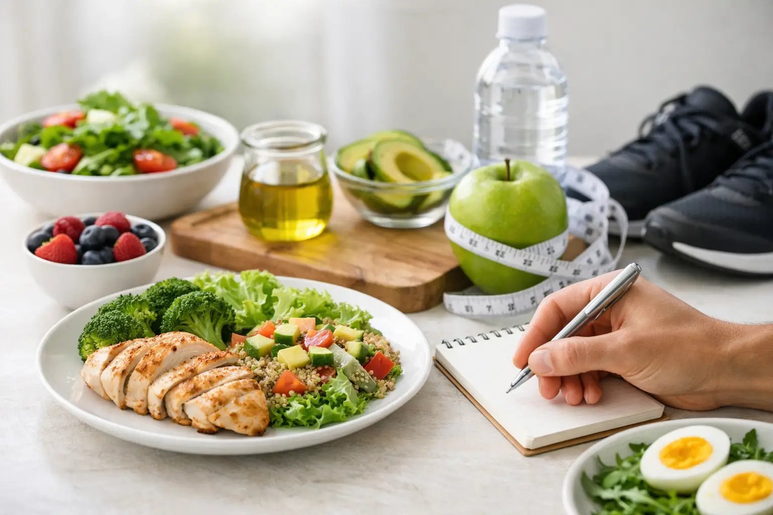 Healthy meal planning setup with grilled chicken salad, fresh vegetables, fruits, water bottle, measuring tape, and hand writing in a notebook