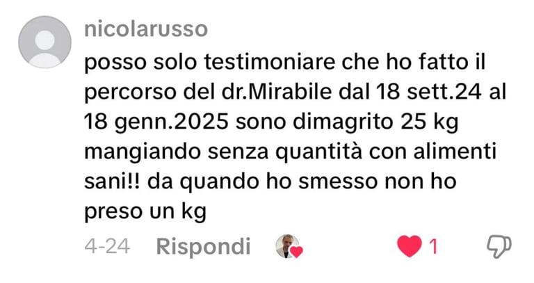 Instagram post testimonial about weight loss following Dr. Mirabiles treatment, losing 25kg in 4 months without diet supplements