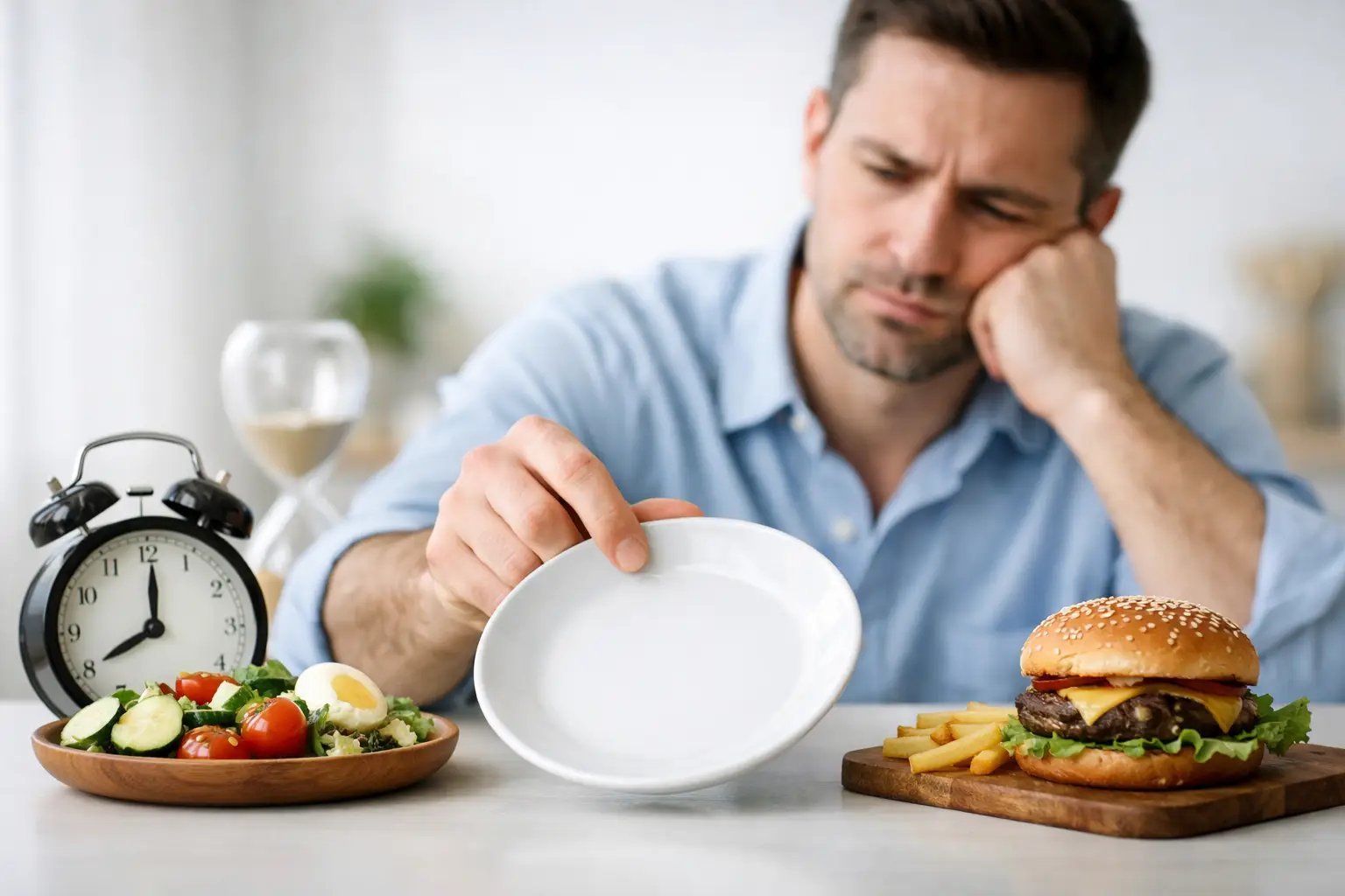 Man in blue shirt looking at empty plate with salad and burger beside him, appearing hungry or contemplating food choices