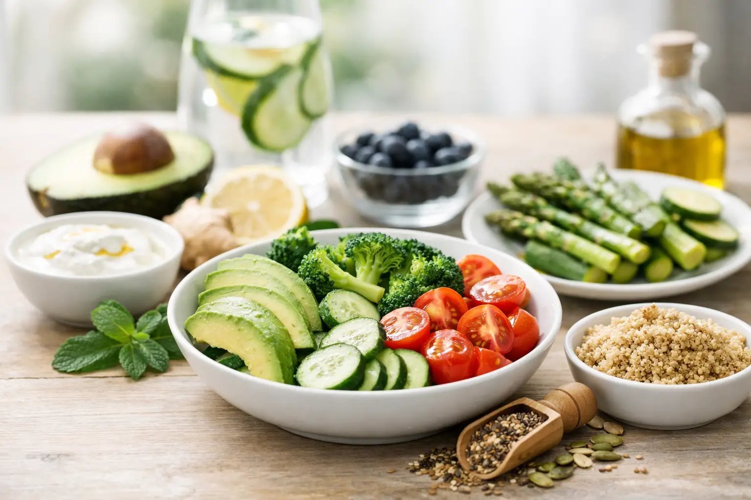 Assorted fresh vegetables and healthy ingredients arranged on wooden table, including avocado, cucumber, tomatoes, asparagus, quinoa, nuts, and olive oil